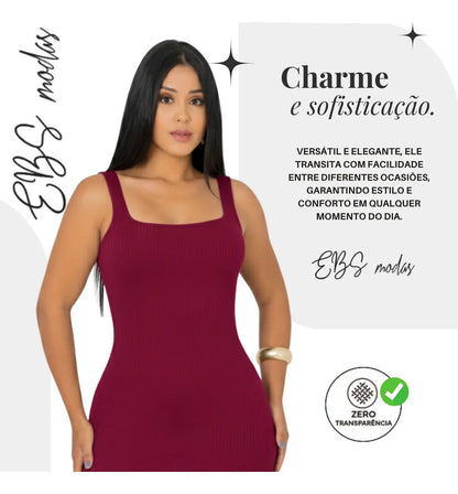 Vestido Midi Canelado Premium Com Alça E Fendas Casual Básico