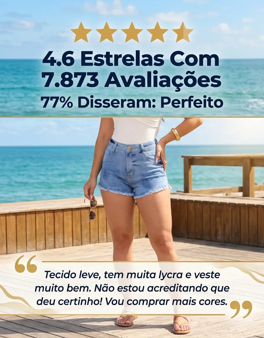 Short Jeans Feminino Cintura Alta Com Lycra Barra Desfiada