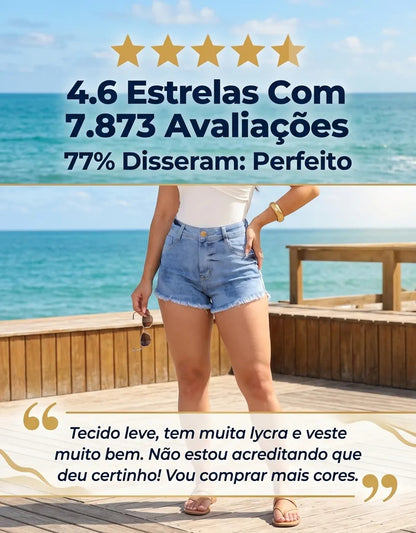 Short Jeans Feminino Cintura Alta Com Lycra Barra Desfiada