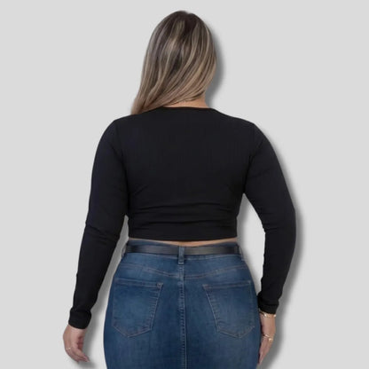 Cropped Feminino Plus Size Manga Longa Com Decote