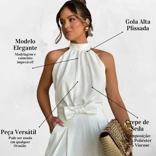 Blusa Feminina Regata Gola Alta Plissada Elegante