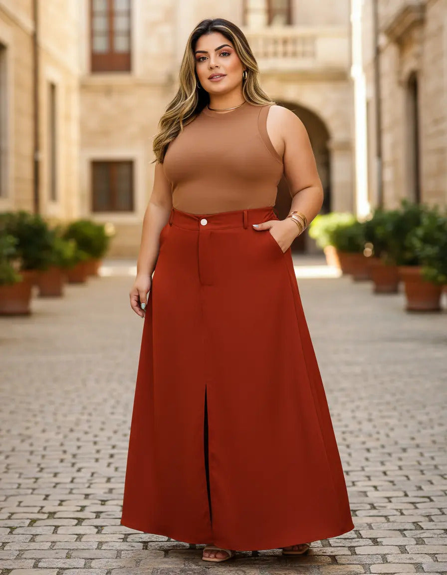 Saia Alfaiataria Plus Size Rodada Evasê Cós Alto Evangélica