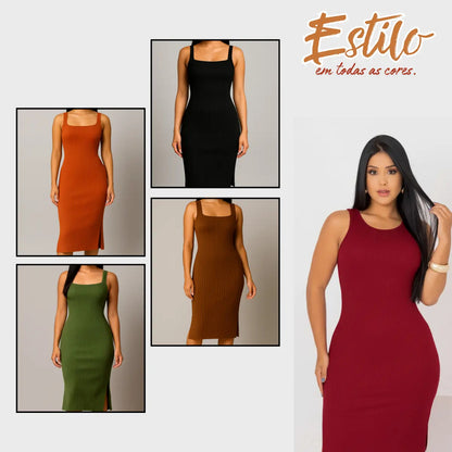 Vestido Midi Canelado Premium Com Alça E Fendas Casual Básico