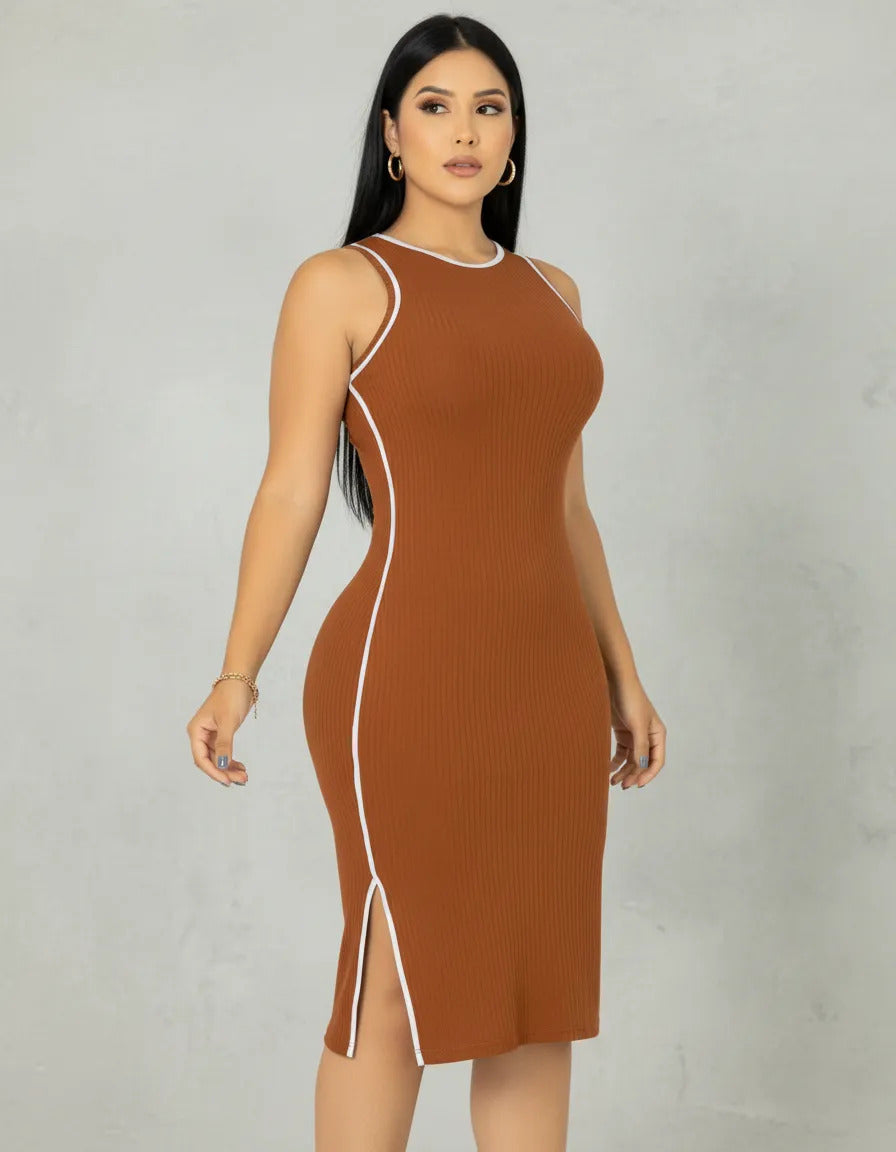 Vestido Midi Canelado Premium Regata Casual Básico Modelador