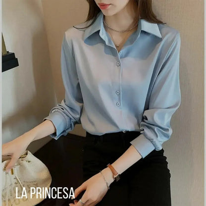 Camisa Seda Feminina Botão Gringa Blusa Moda Clássica 2026