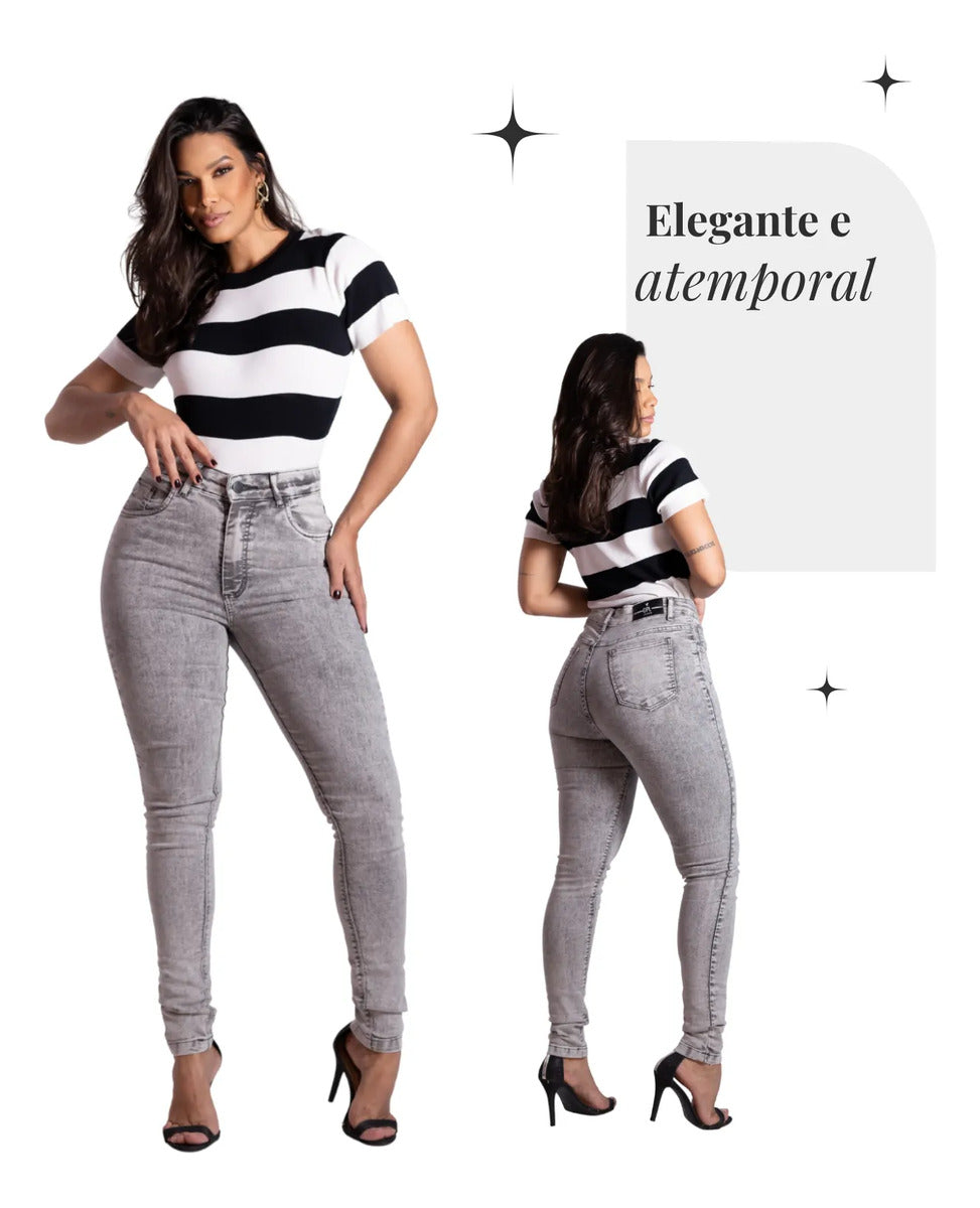 Calça Skinny Jeans Feminina Cintura Alta Marmorizada Lycra