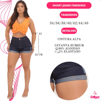 Short Jeans Feminino Cintura Alta C/ Lycra Hot Pant Stillger