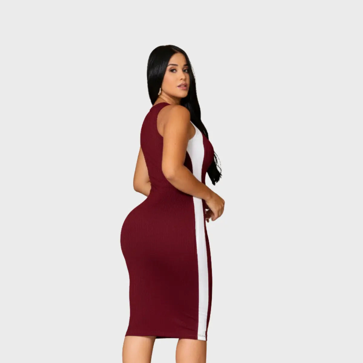 Vestido Canelado Midi Faixas Regata Casual Básico Modelador