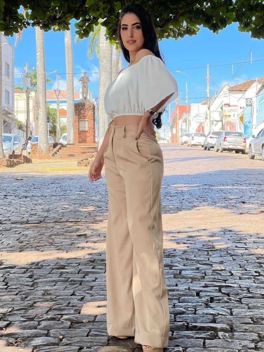 Calça Pantalona Alfaiataria Wide Leg Social Cintura Alta