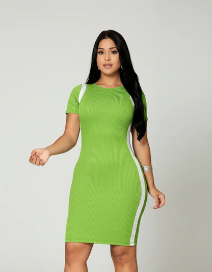 Vestido Canelado Curto Com Manga Casual Básico Modelador
