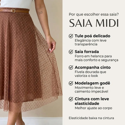 Saia Moda Evangélica Godê De Tule Mídi Com Cinto Moda Cristã