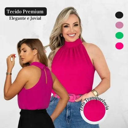 Blusa Feminina Regata Gola Alta Plissada Elegante