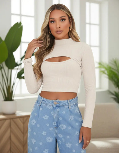 Cropped Gringa Manga Longa Blusinha Blogueira Gola Alta