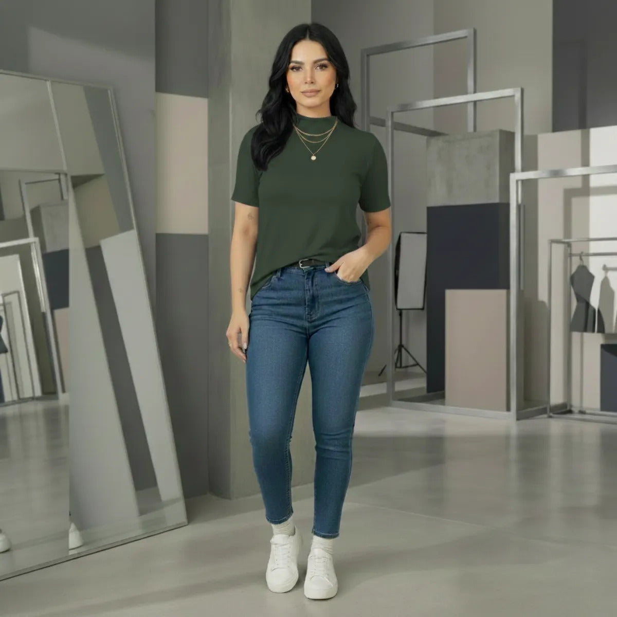 Kit 2 Blusas Camiseta Feminina T Shirt Gola Alta Inverno