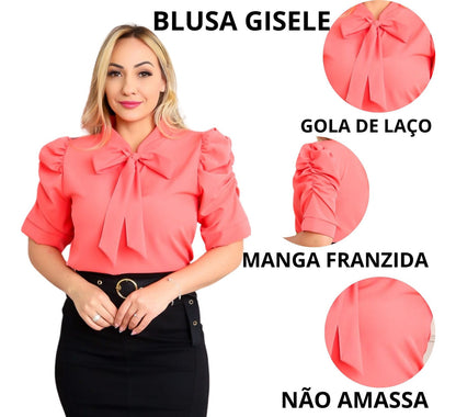 Blusa Feminina Gizele Gola Laço Crepre Seda Manga Franzida