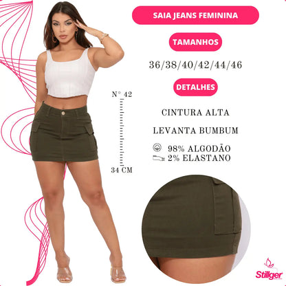 Saia Cargo Feminina Cintura Alta Com Lycra Levanta Bumbum