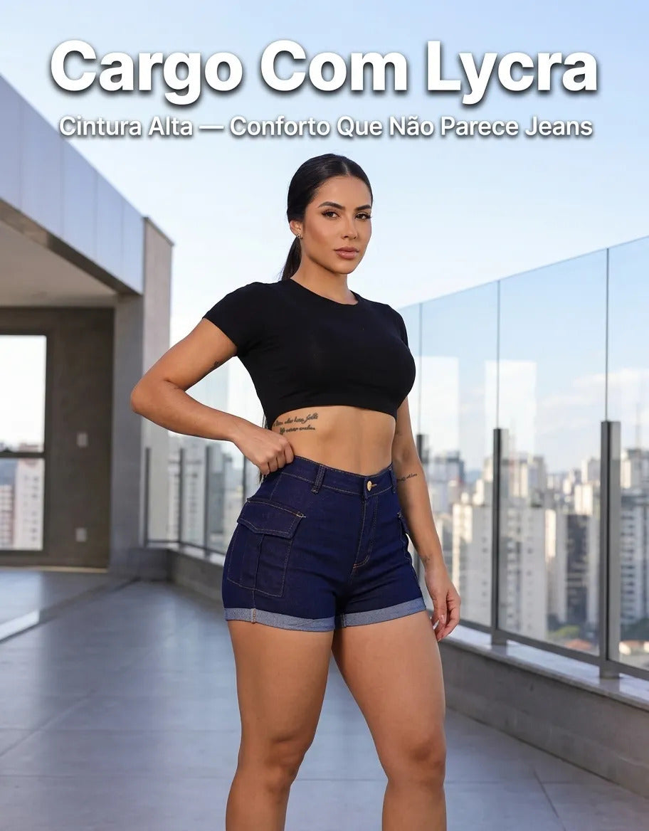 Short Jeans Feminino Shorts Cargo Com Lycra Cintura Alta