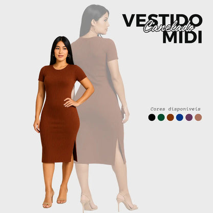 Vestido Canelado Midi Com Manga e Fenda Lateral Casual Básico