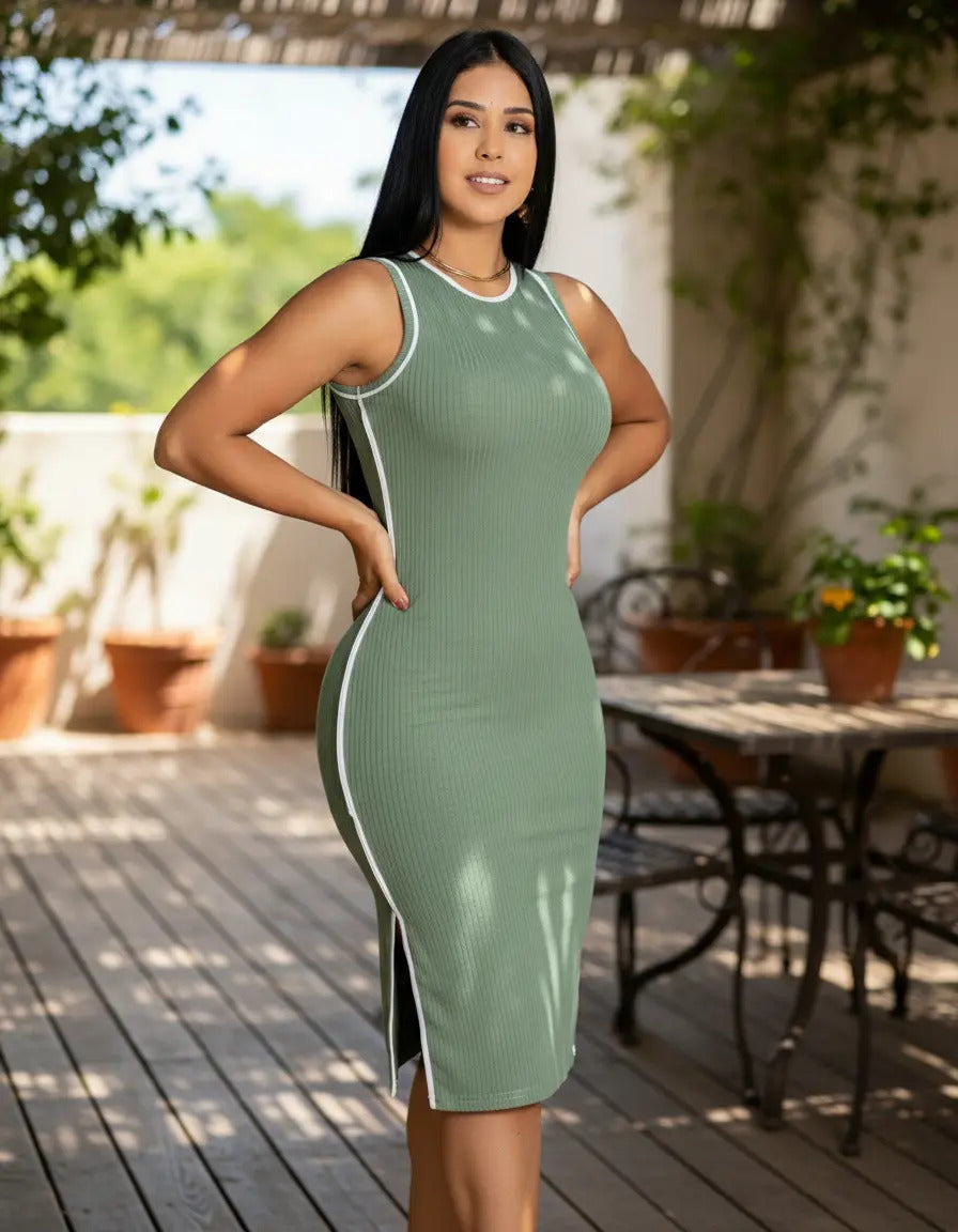 Vestido Midi Canelado Premium Regata Casual Básico Modelador