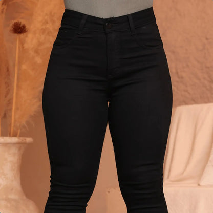 Calça Preta Jeans Feminina Com Elastano Cintura Alta Skinny
