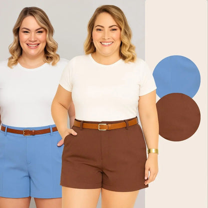 Kit 2 Shorts Femininos Plus Size Cintura Alta Com Cinto
