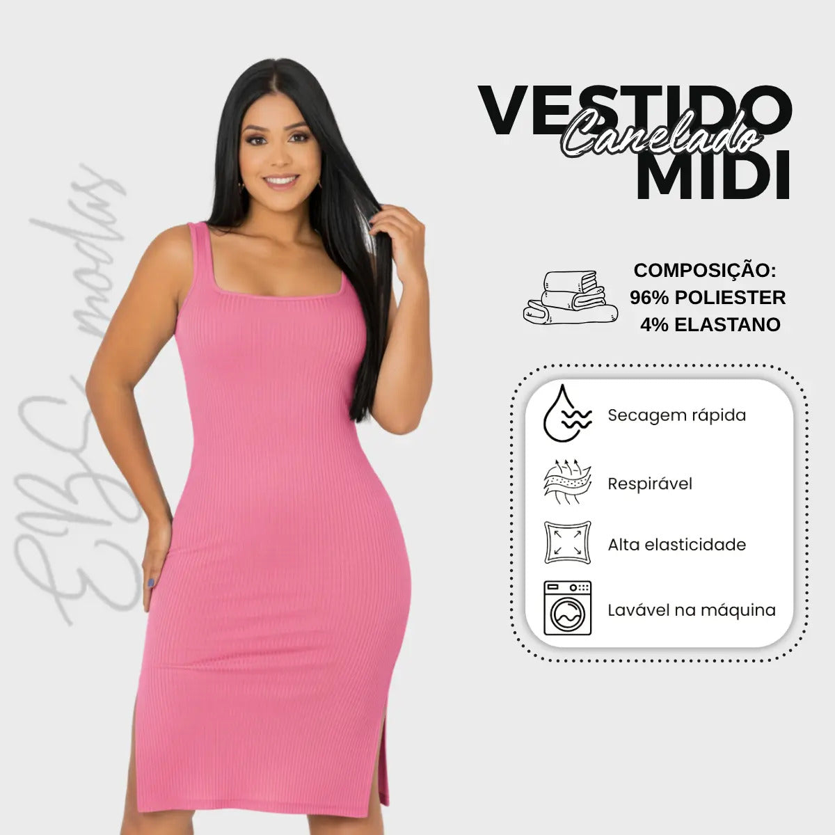 Vestido Midi Canelado Premium Com Alça E Fendas Casual Básico