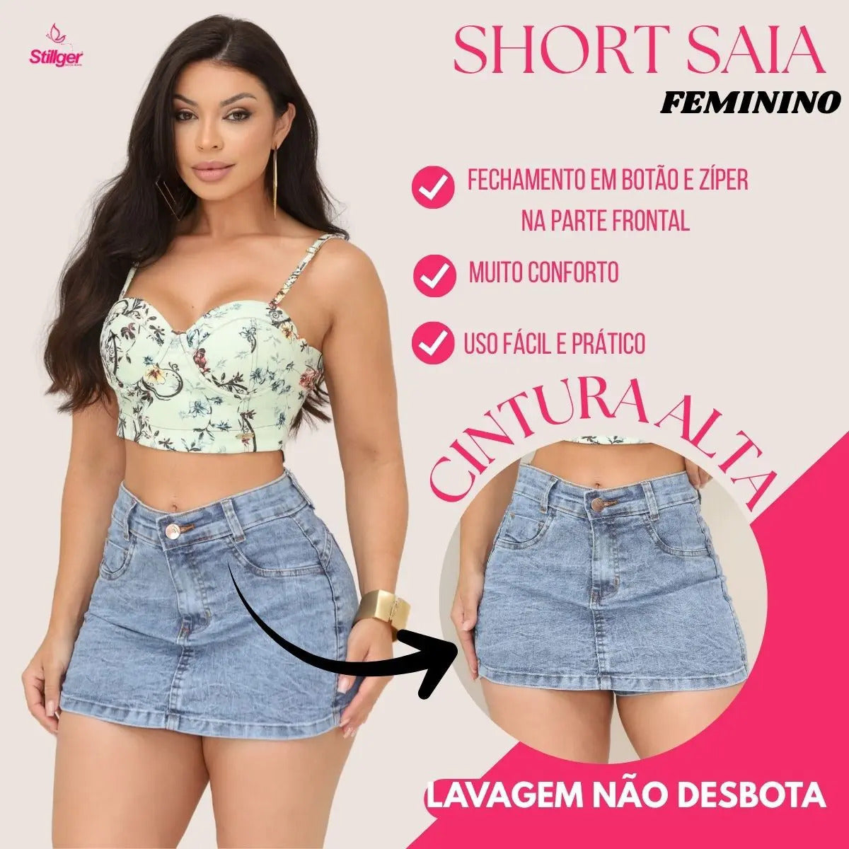 Short Saia Jeans Feminino Cintura Alta Com Lycra Stillger