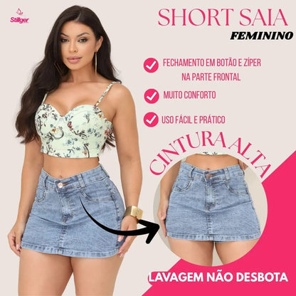 Short Saia Jeans Feminino Cintura Alta Com Lycra Stillger