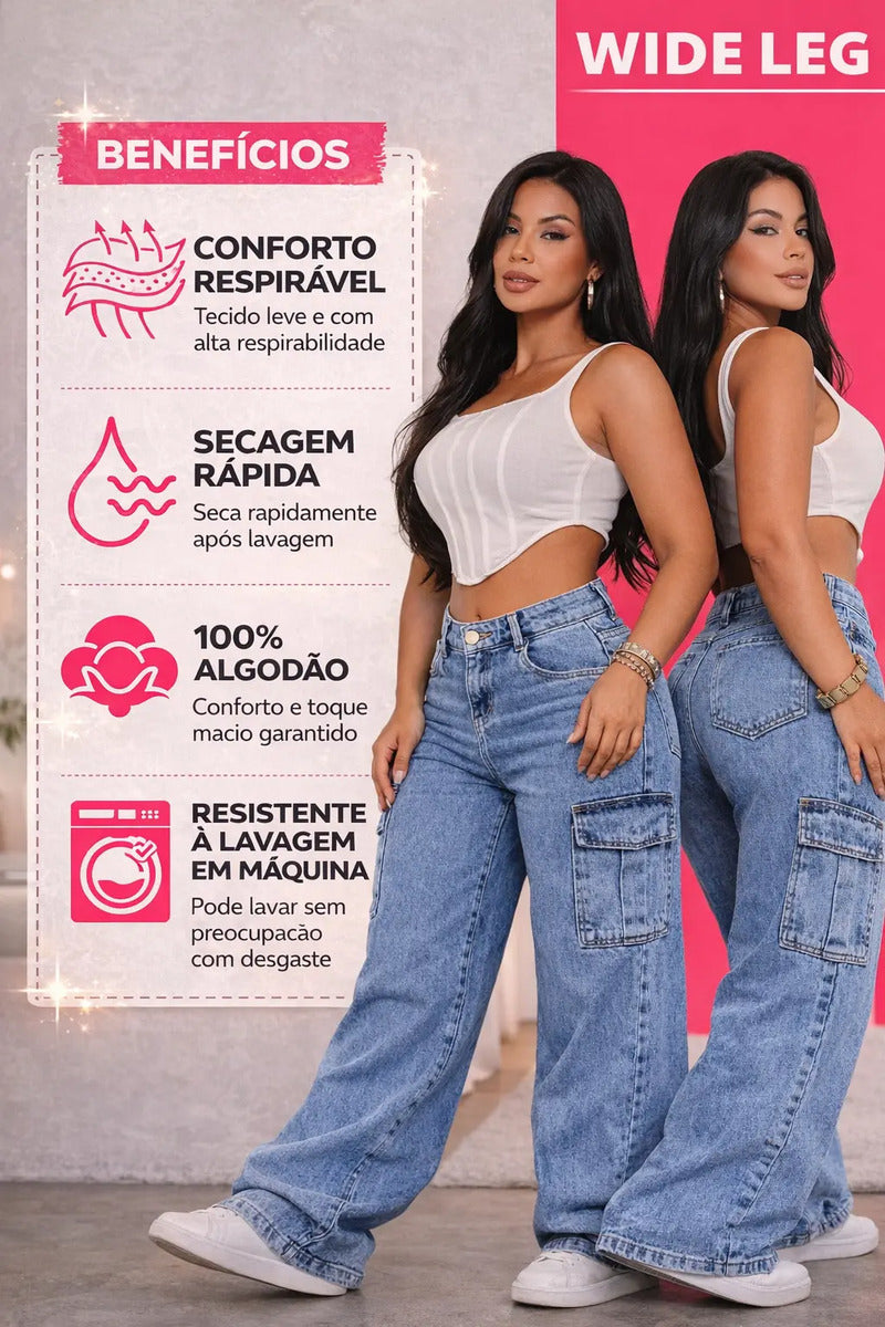 Calça Cargo Feminina Wide Leg Cintura Alta Jeans  Stillger