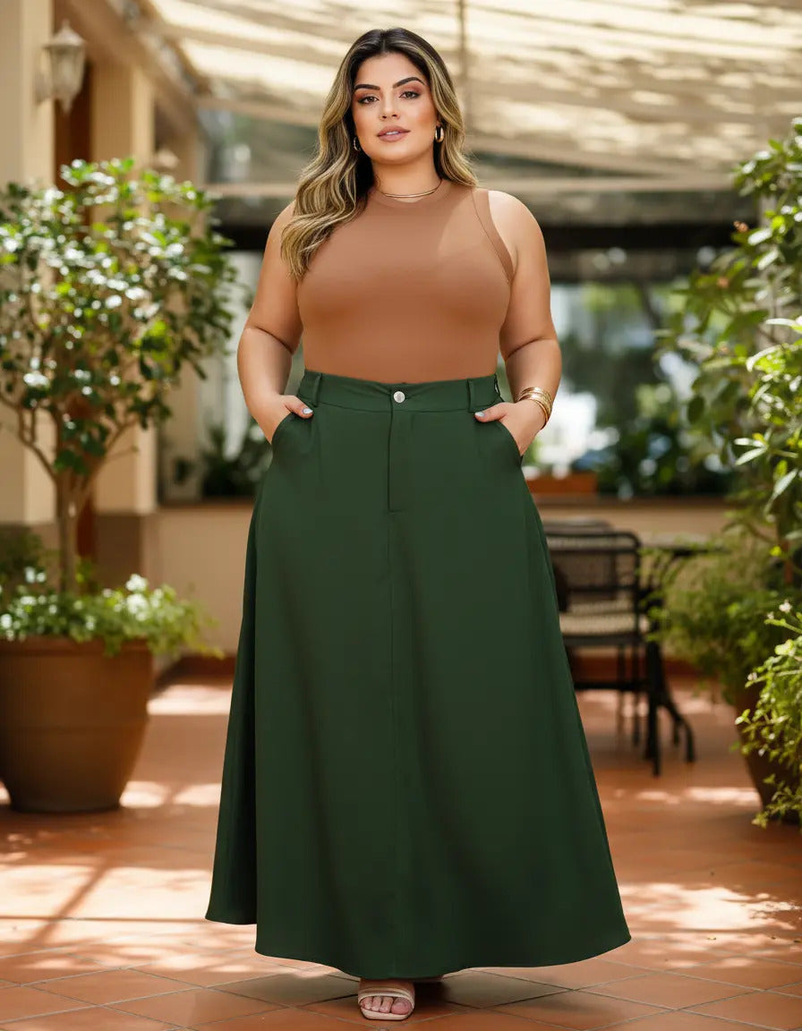 Saia Alfaiataria Plus Size Rodada Evasê Cós Alto Evangélica