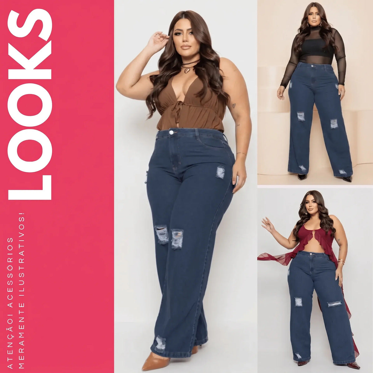 Calça Plus Size Jeans Feminina Wide Leg Levanta Bumbum