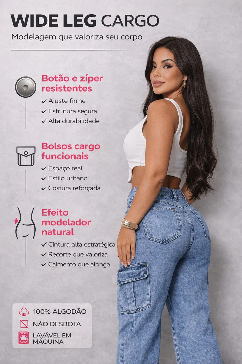Calça Cargo Feminina Wide Leg Cintura Alta Jeans  Stillger