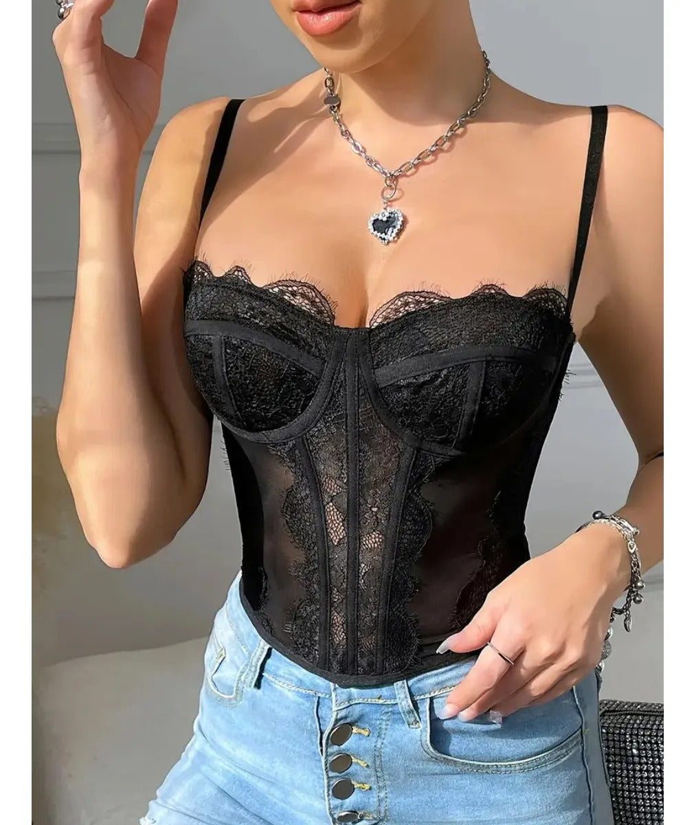 Cropped Corset Renda Ajustavel Top Curto E Sexy Com Alça