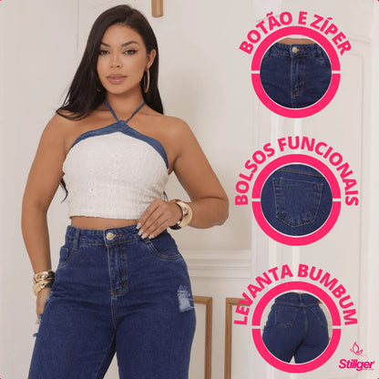 Calça Jeans Wide Leg Feminina Cintura Alta Sem Lycra Stillge