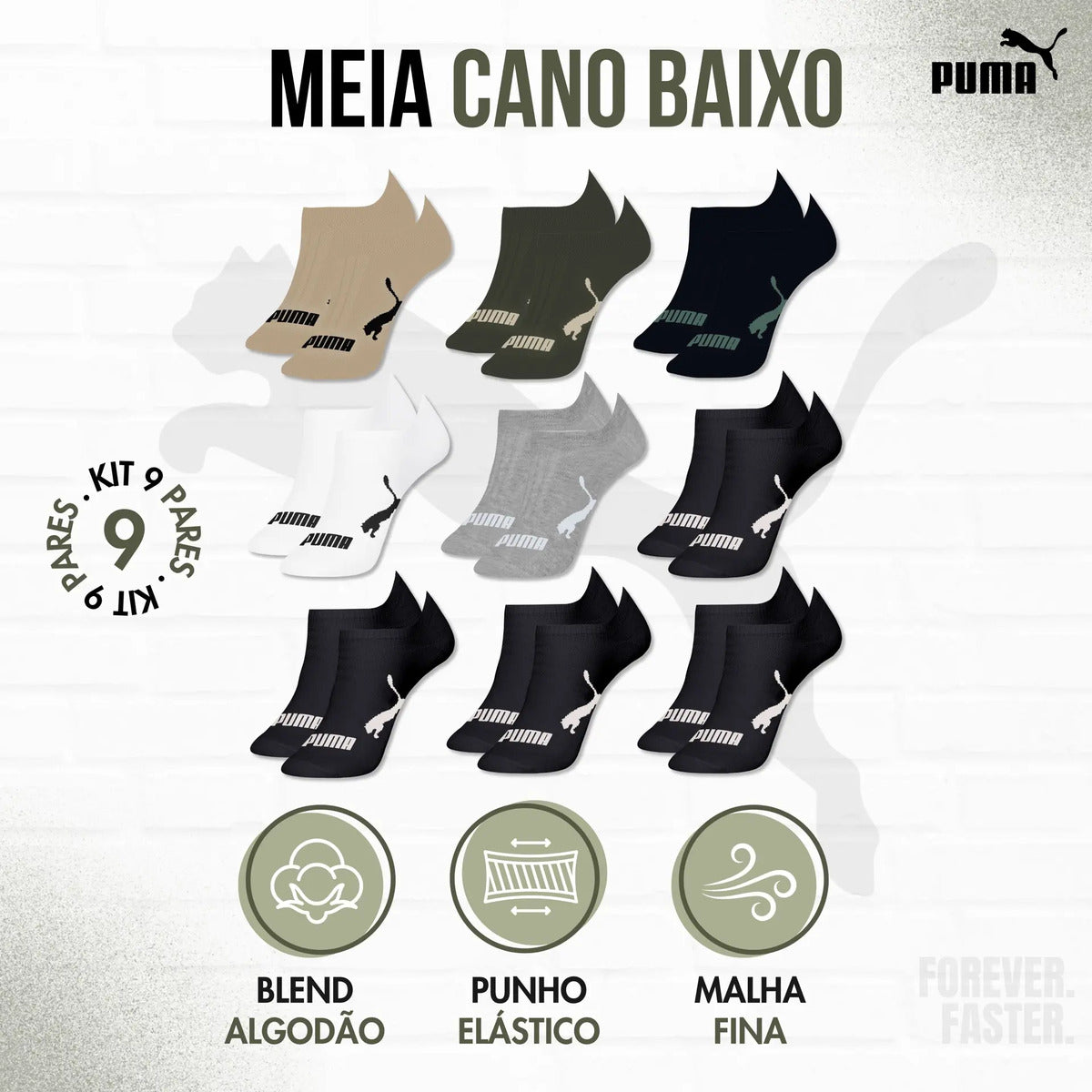 Kit 9 Pares Meias Invisível Puma Sapatilha Soquete Original
