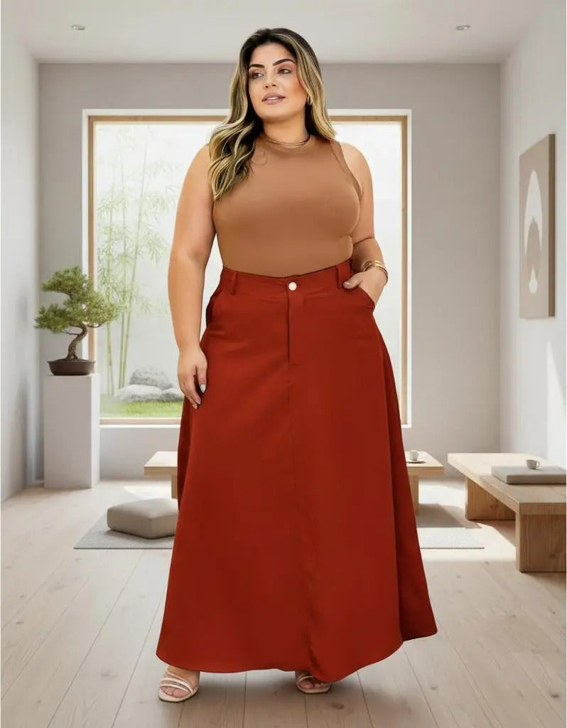 Saia Alfaiataria Plus Size Rodada Evasê Cós Alto Evangélica