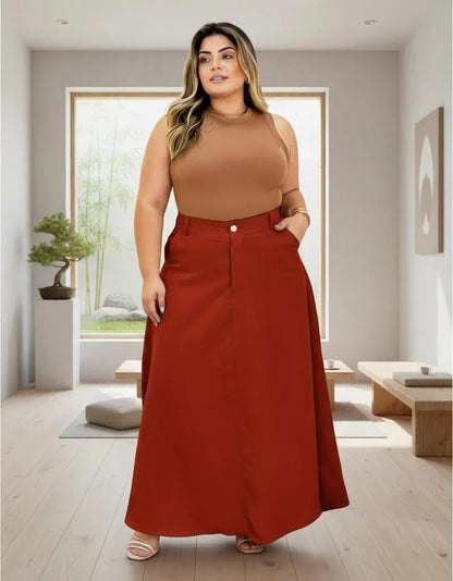 Saia Alfaiataria Plus Size Rodada Evasê Cós Alto Evangélica