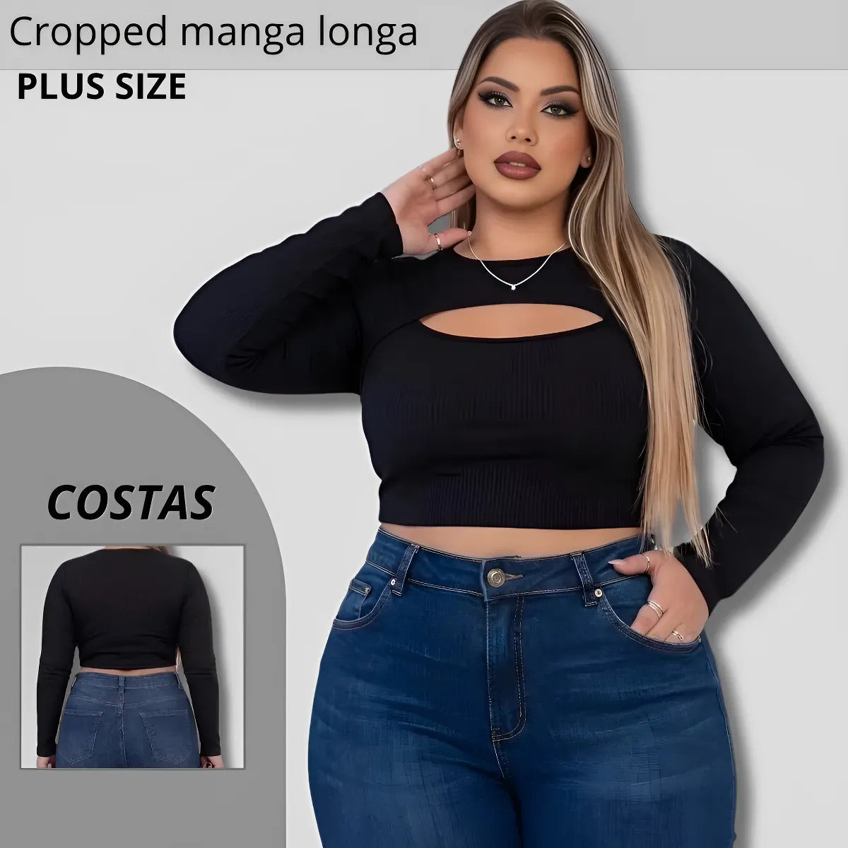 Cropped Feminino Plus Size Manga Longa Com Decote