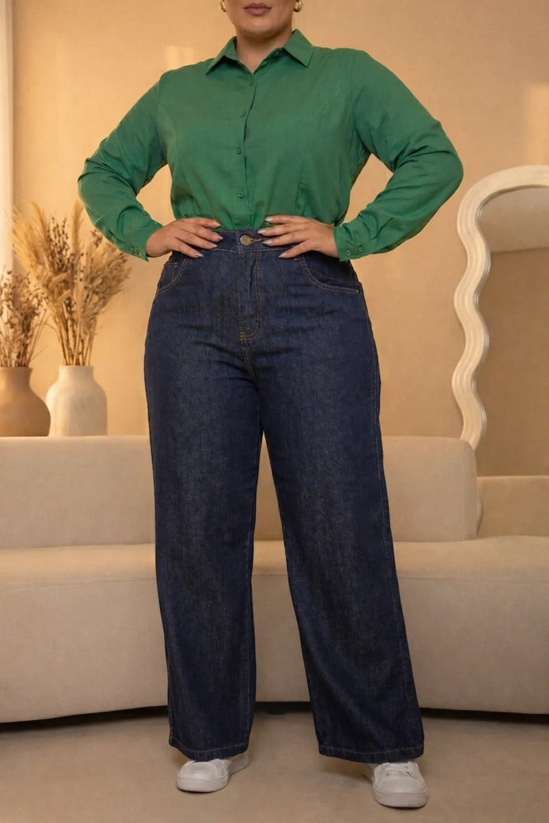 Calça Plus Size Jeans Feminina Wide Leg Levanta Bumbum