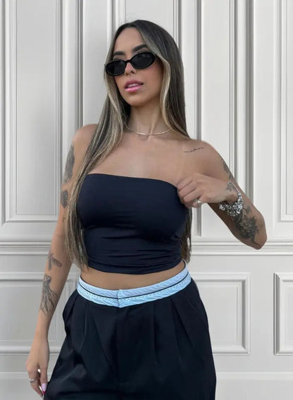 Cropped Tubo Top Tubinho Suplex Duplo Azul Royal Marrom
