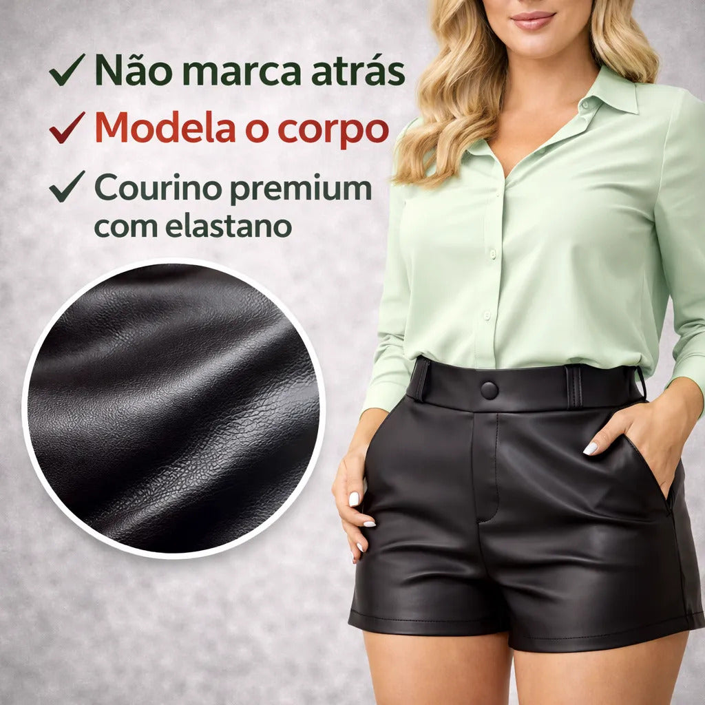 Short Feminino Couro Fake Cintura Alta C Bolsos Casual Moda