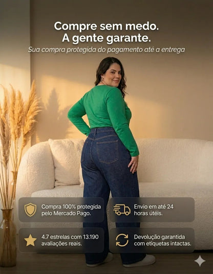 Calça Plus Size Jeans Feminina Wide Leg Levanta Bumbum