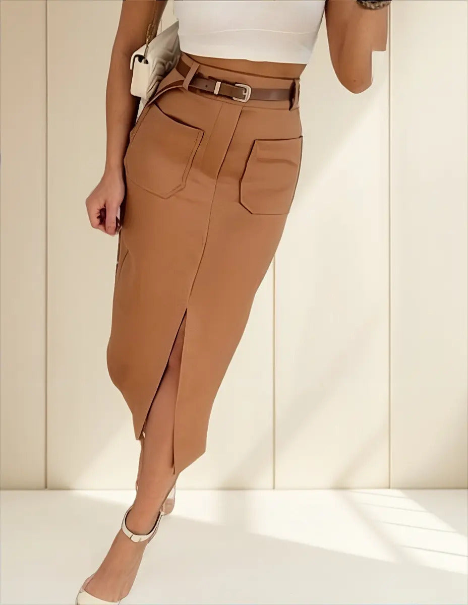 Saia Midi Feminina Com Cinto E Fenda Casual 2025