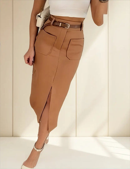 Saia Midi Feminina Com Cinto E Fenda Casual 2025