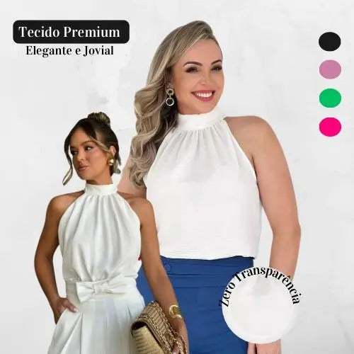 Blusa Feminina Regata Gola Alta Plissada Elegante