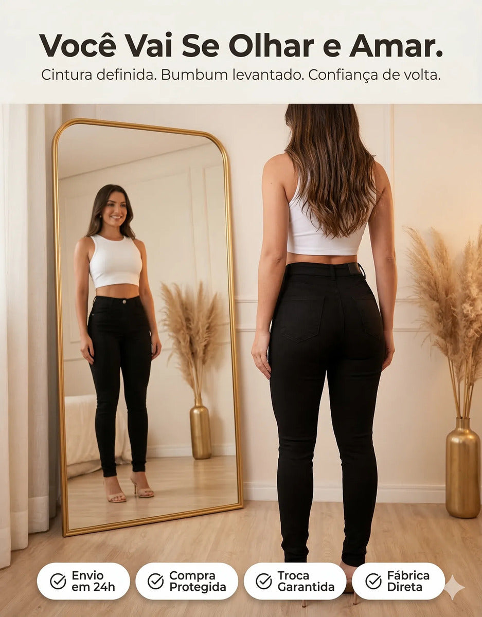 Calça Jeans Feminina Preta Skiny Cintura Alta Levanta Bumbum