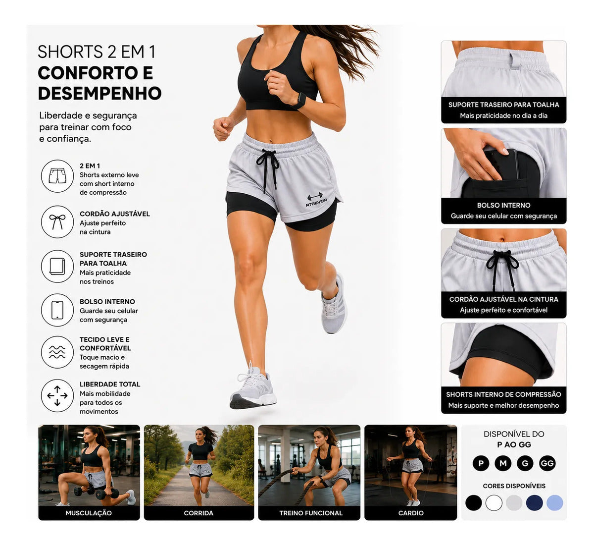 Conjunto 2 Shorts Feminino Compressão Corrida Bolso Oculto