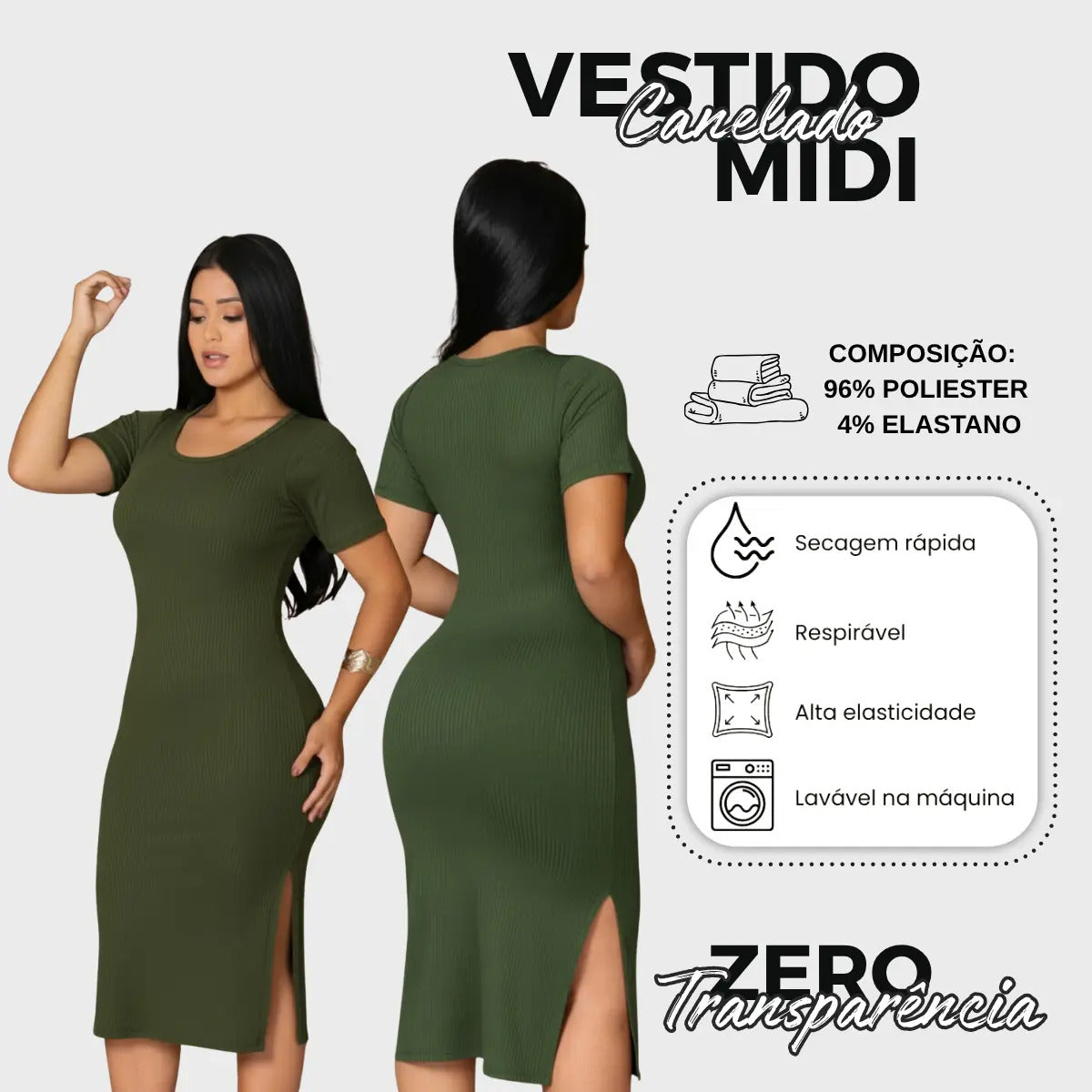 Vestido Canelado Midi Com Manga e Fenda Lateral Casual Básico