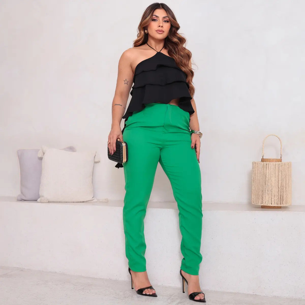 Calça Feminina Alfaiataria Social Cintura Alta Trabalho Leve