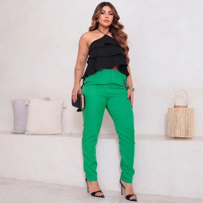 Calça Feminina Alfaiataria Social Cintura Alta Trabalho Leve